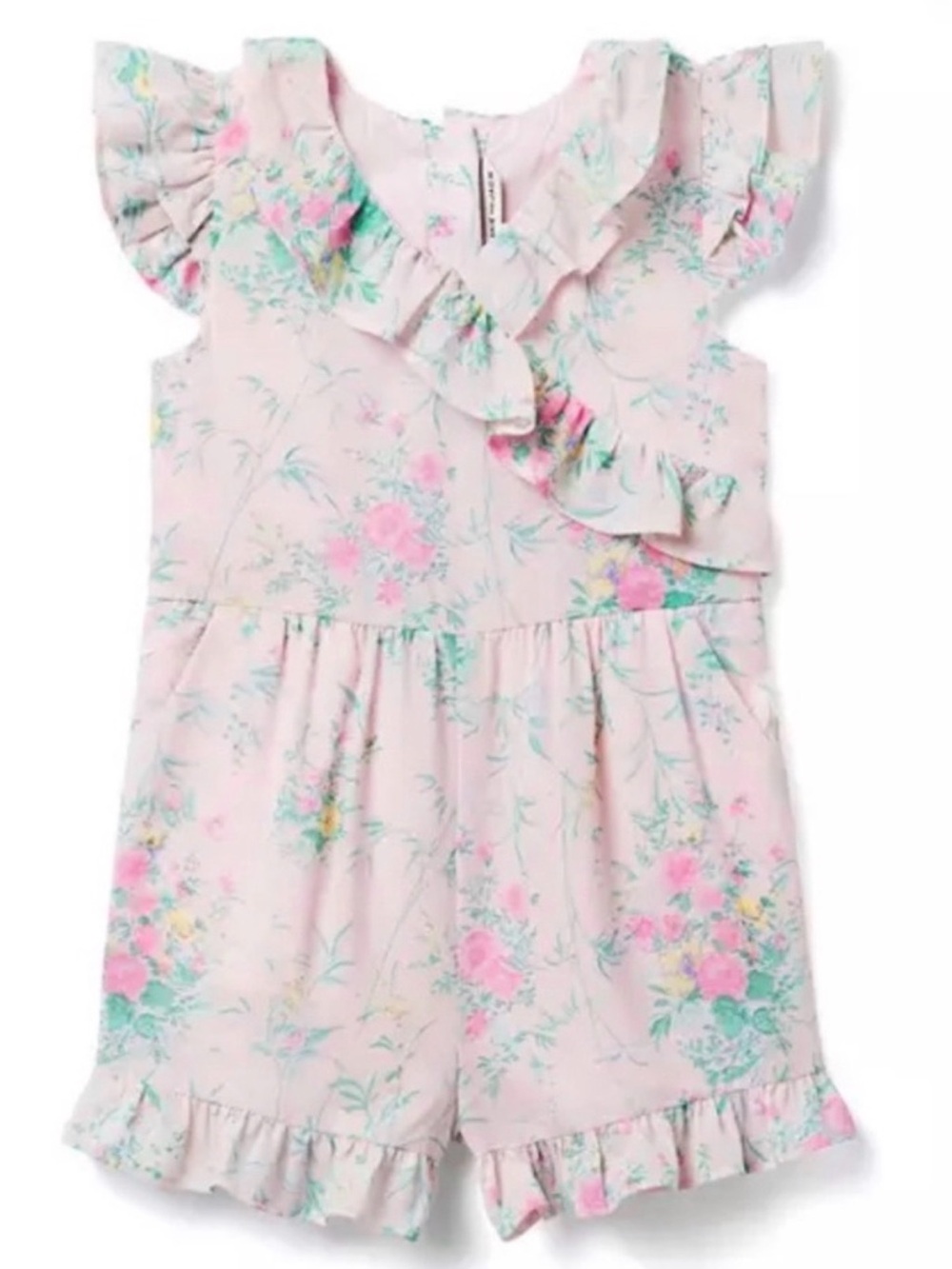 Like New Girls Janie and Jack Pink Floral Ruffle Romper Size 10